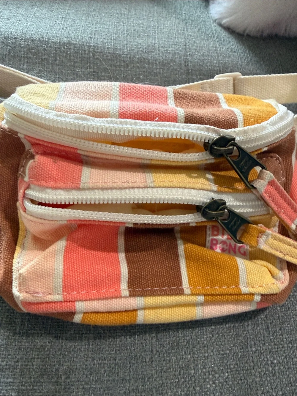 Striped Canvas Waist Bag - Coral, Yellow & Brown. Youth size